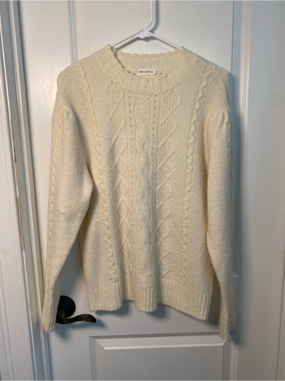 Avec Les Filles Cream Wool Blend Cable Knit Sweater